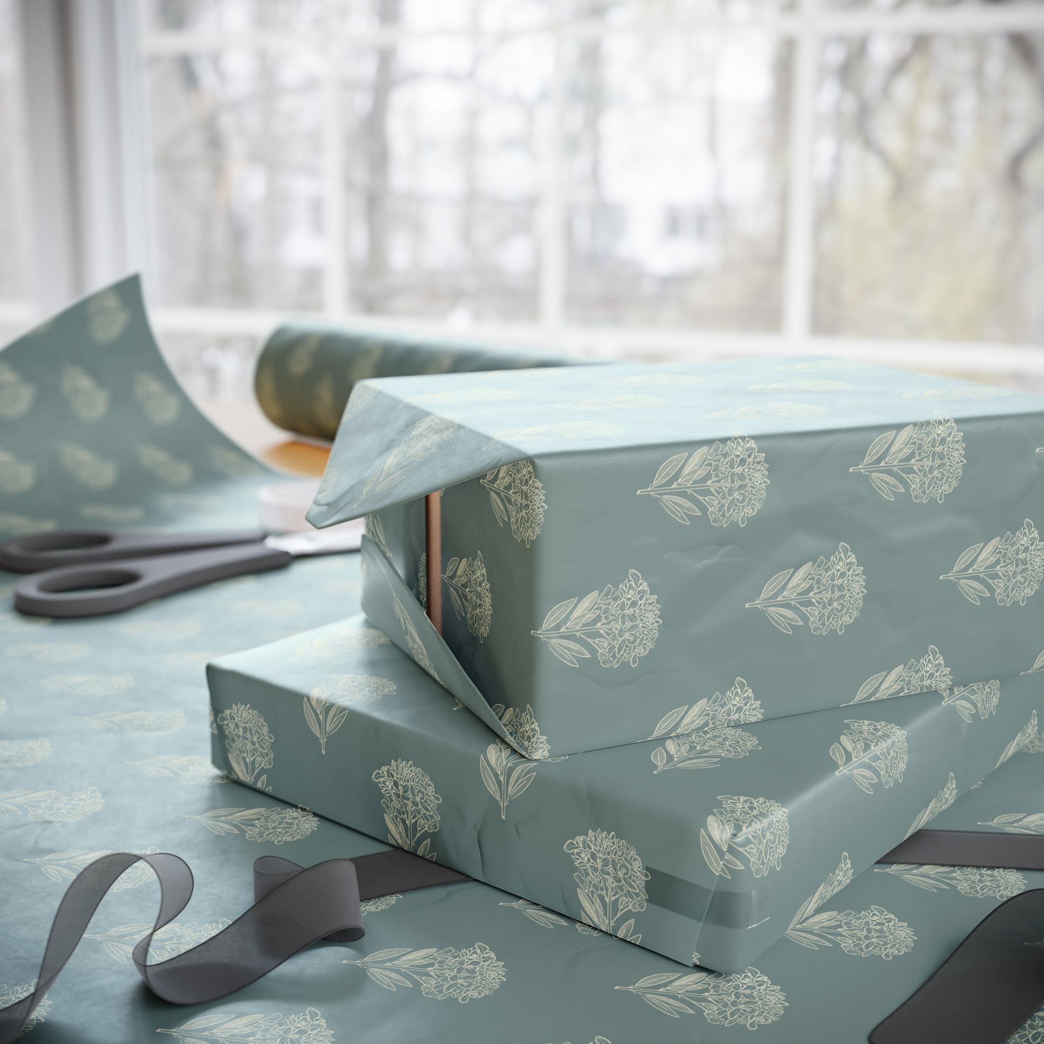 Mustard Flower on Weathered Teal Wrapping Paper Roll