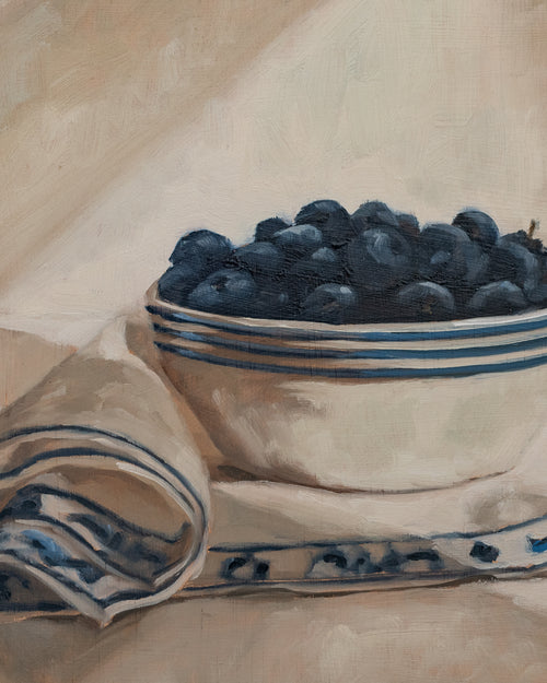 "Blueberries in a Striped Bowl" | Original 8 x 10 oil painting