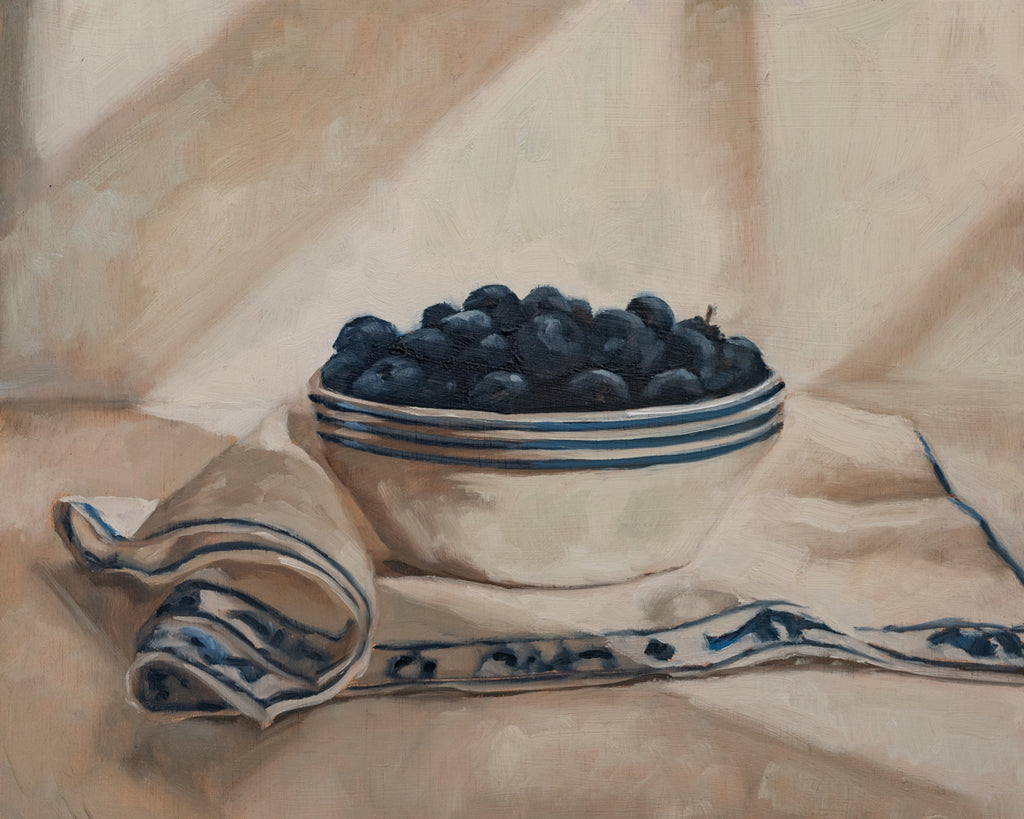 "Blueberries in a Striped Bowl" | Original 8 x 10 oil painting