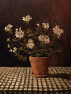 "White Geranium on Checked Cloth" | 12 x 16 framed original oil painting