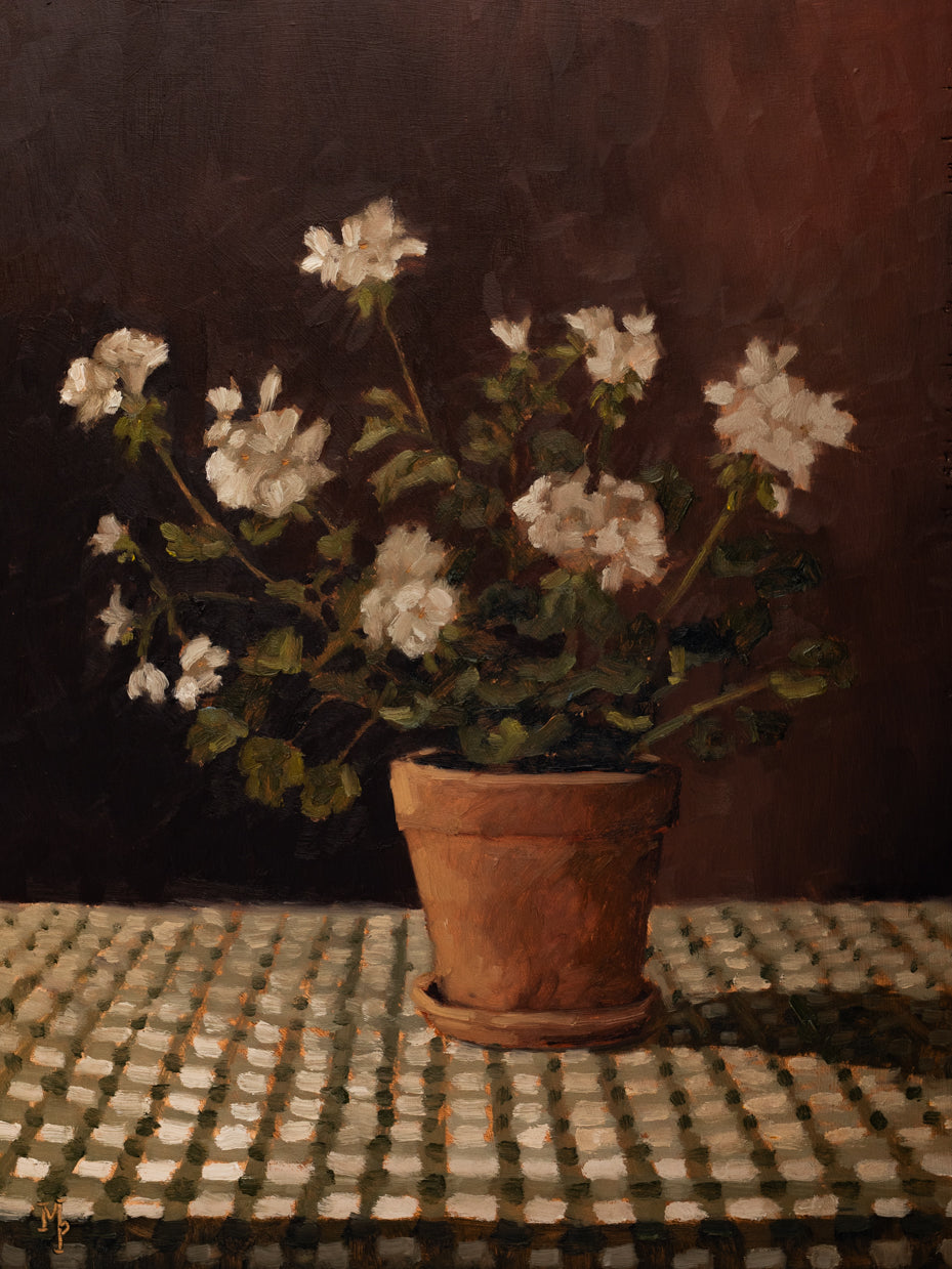 "White Geranium on Checked Cloth" | 12 x 16 framed original oil painting
