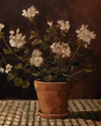 "White Geranium on Checked Cloth" | 12 x 16 framed original oil painting