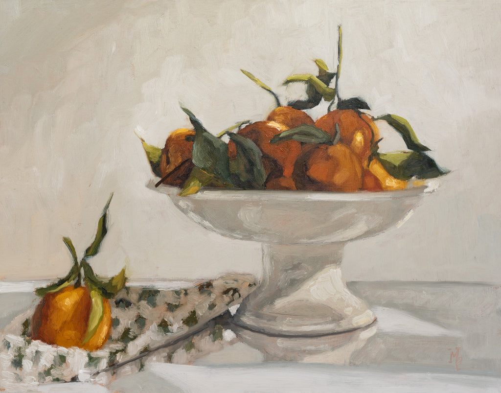 "Clementines & Block Print Towel" | 11 x 14 framed original oil painting