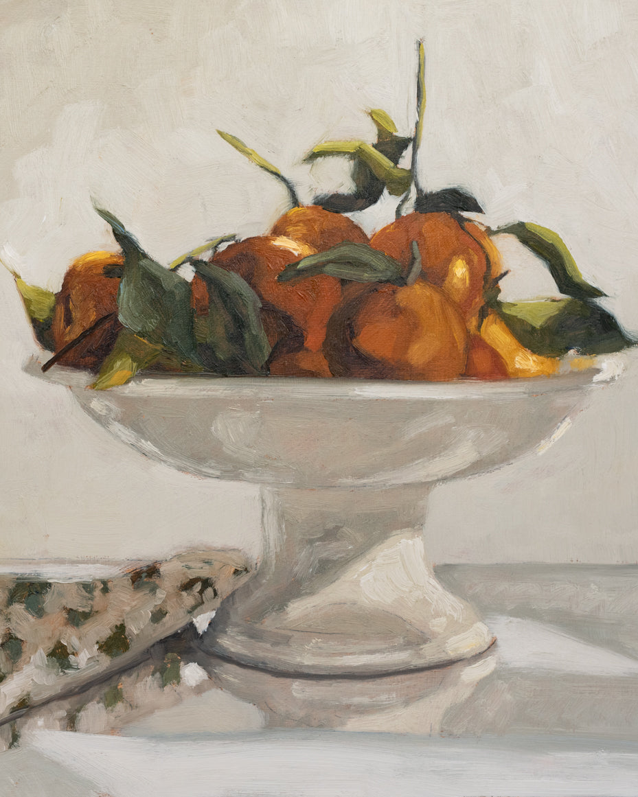 "Clementines & Block Print Towel" | 11 x 14 framed original oil painting