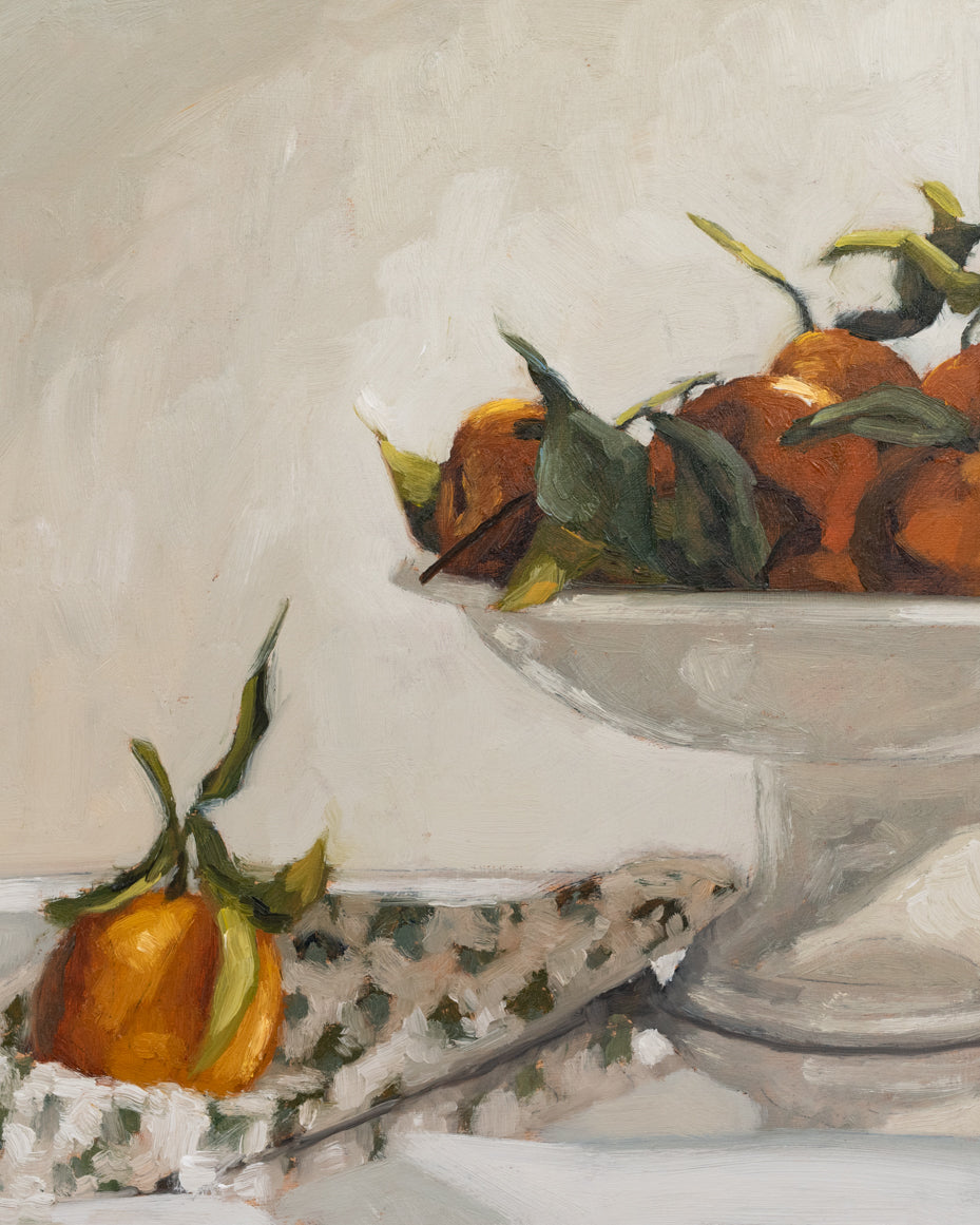 "Clementines & Block Print Towel" | 11 x 14 framed original oil painting