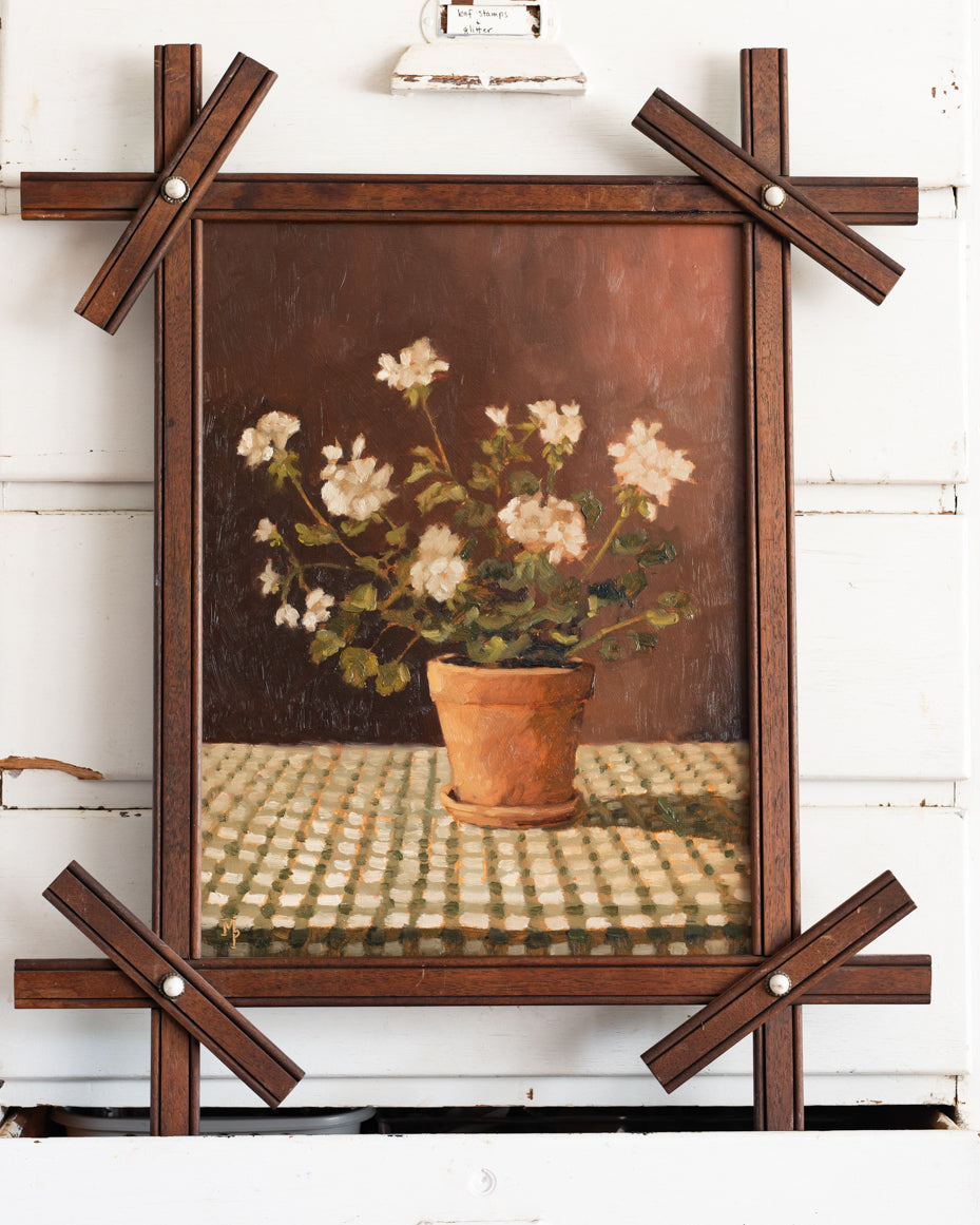 "White Geranium on Checked Cloth" | 12 x 16 framed original oil painting