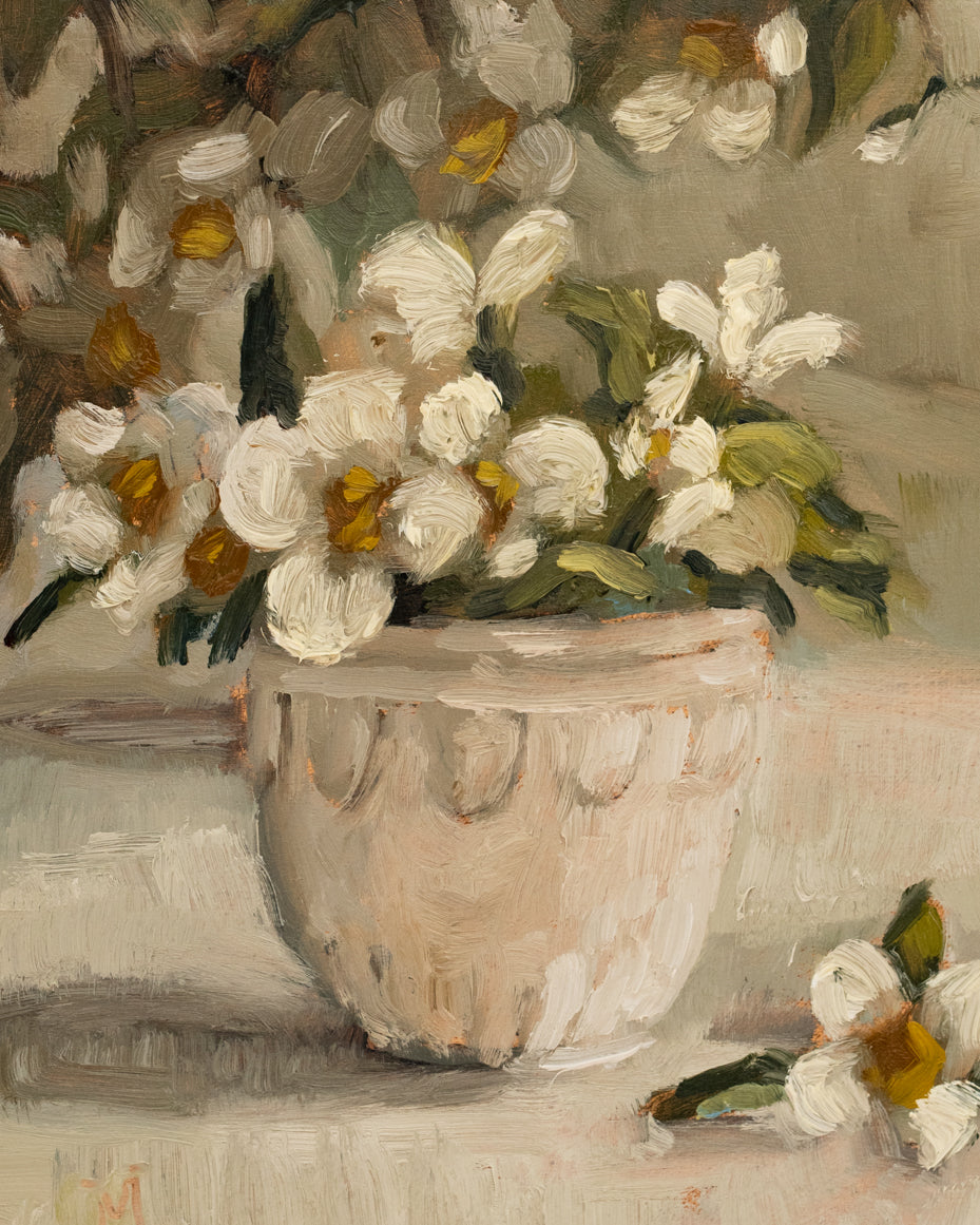 "Cup of Mock Orange Blooms" |  8 3/4 x 6 3/4" original oil painting framed